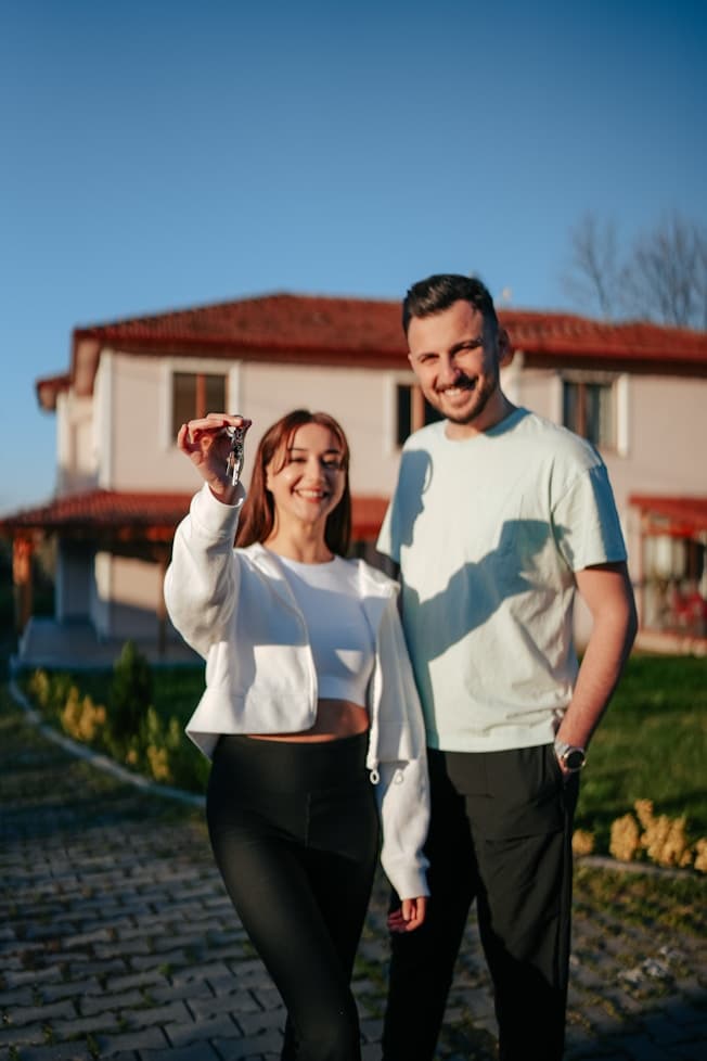 First-time homeowners outside their home