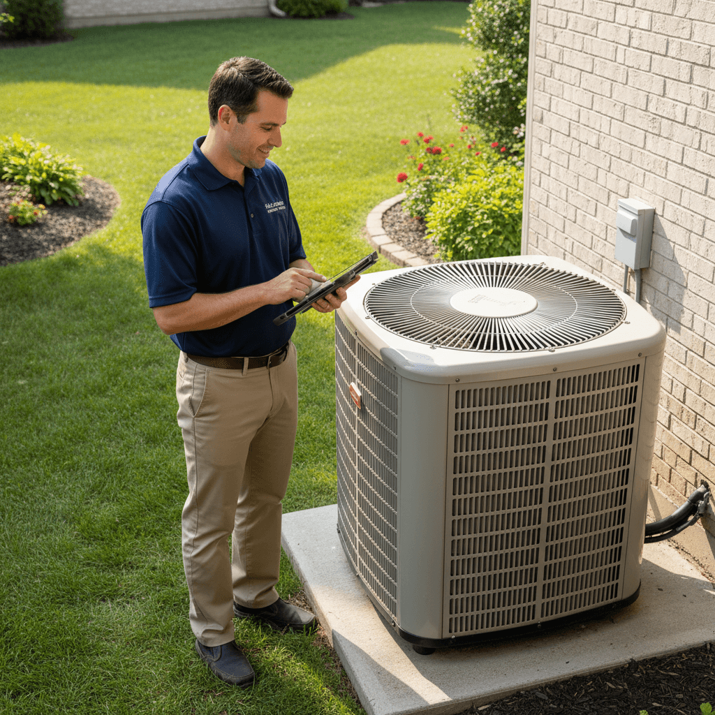 Technician assessing an outdoor HVAC unit