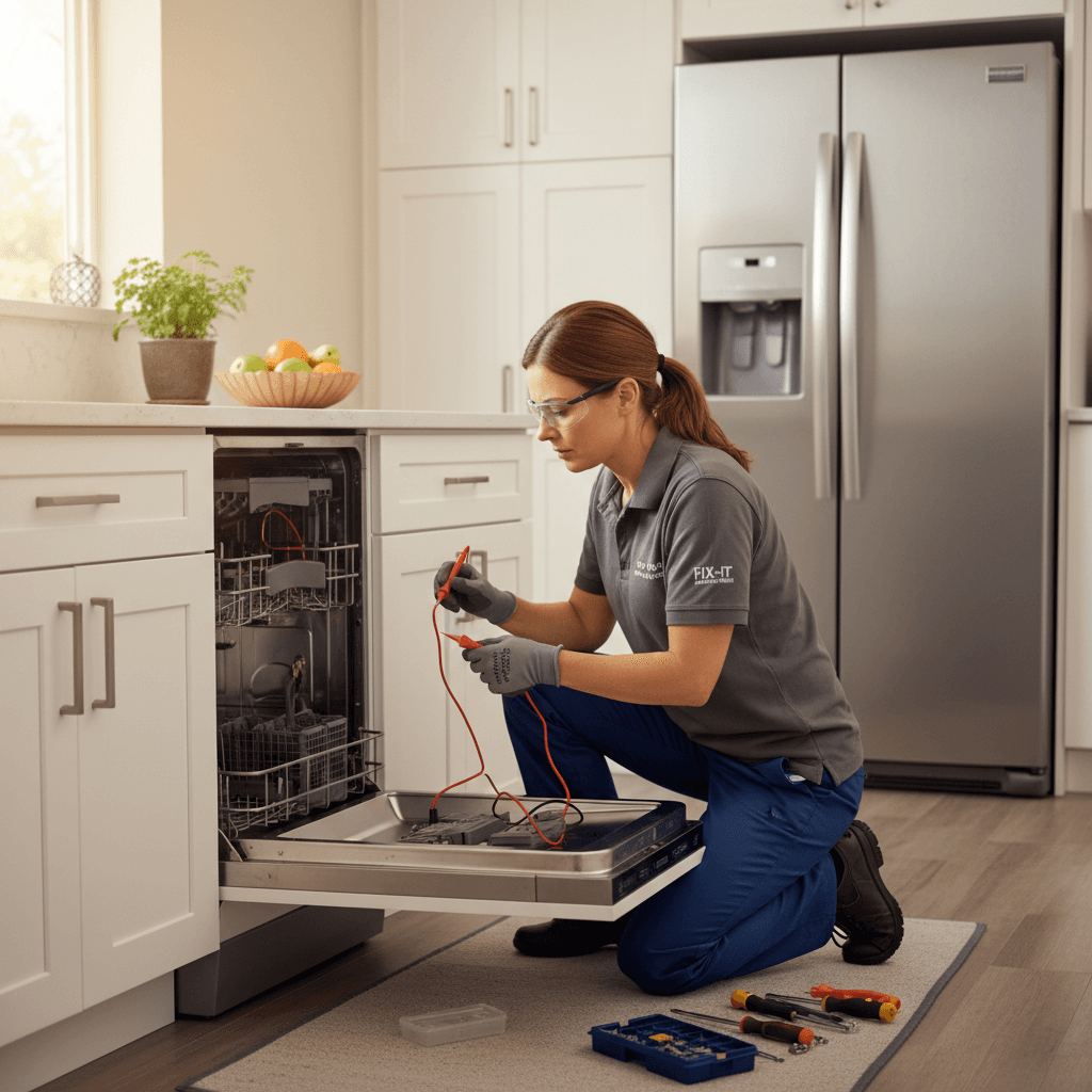 Professional repairing a kitchen appliance