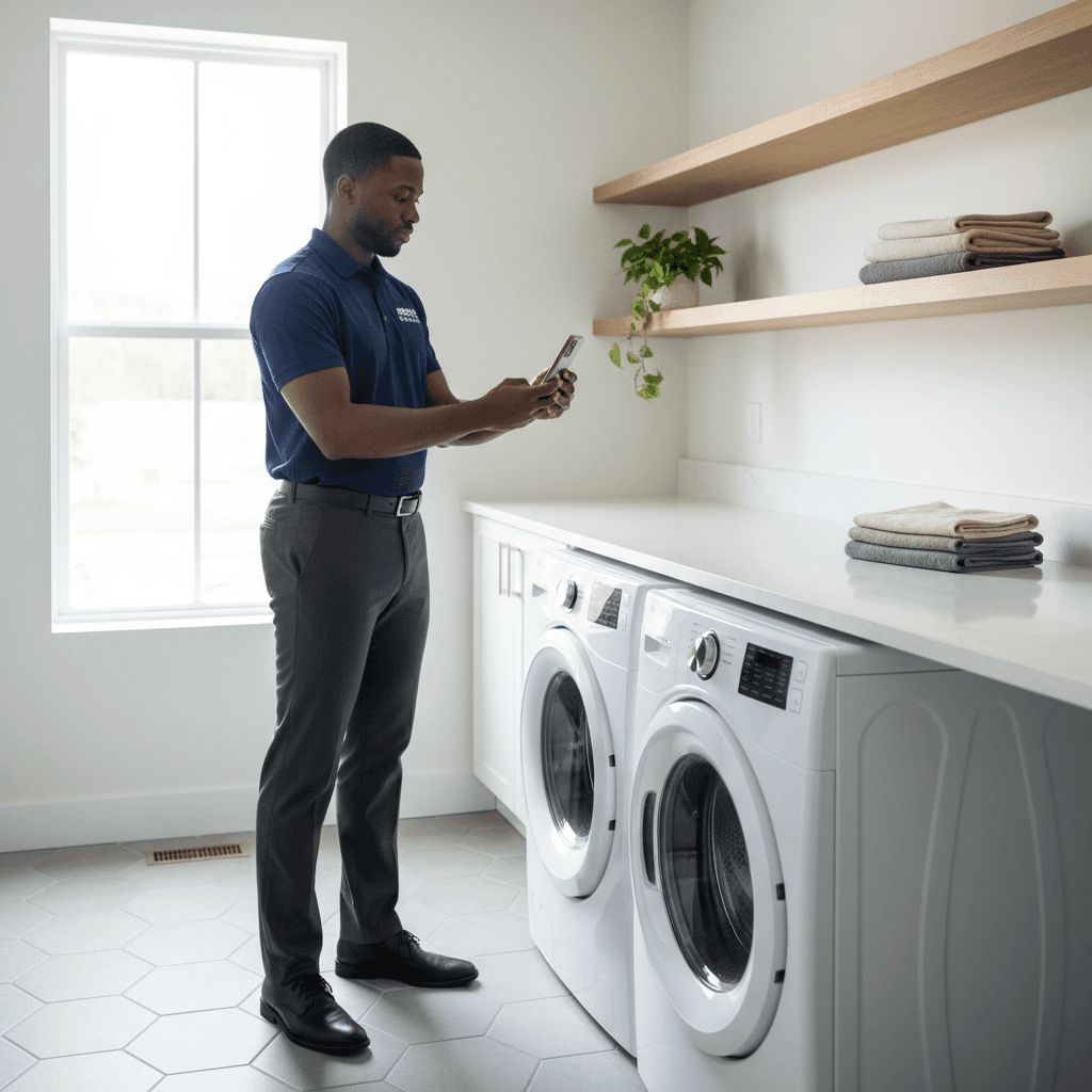 Technician documenting laundry equipment