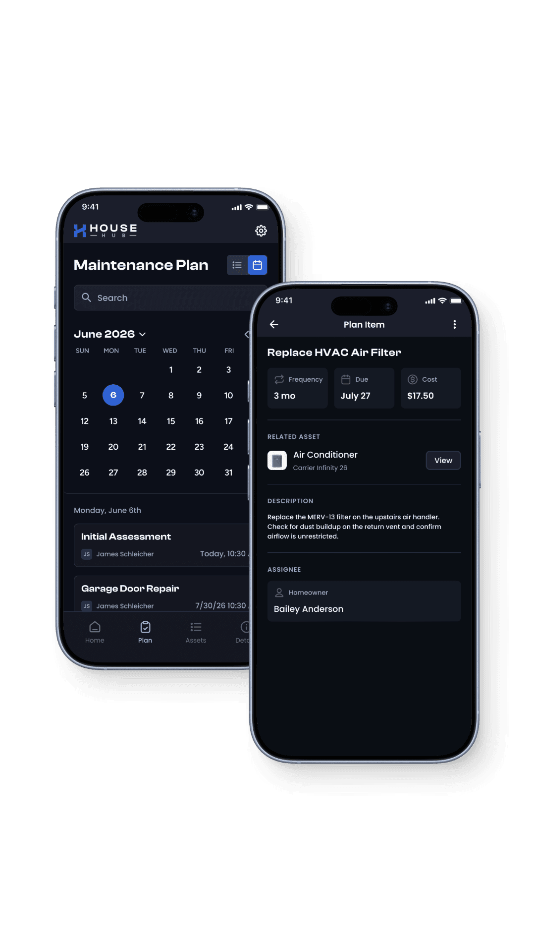 HouseHub maintenance plan calendar and task screens