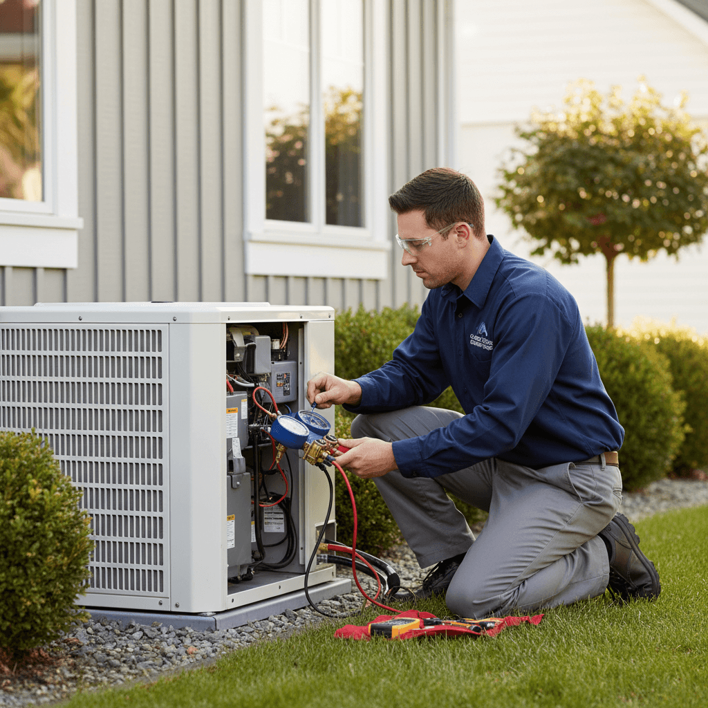 Technician servicing an outdoor HVAC unit
